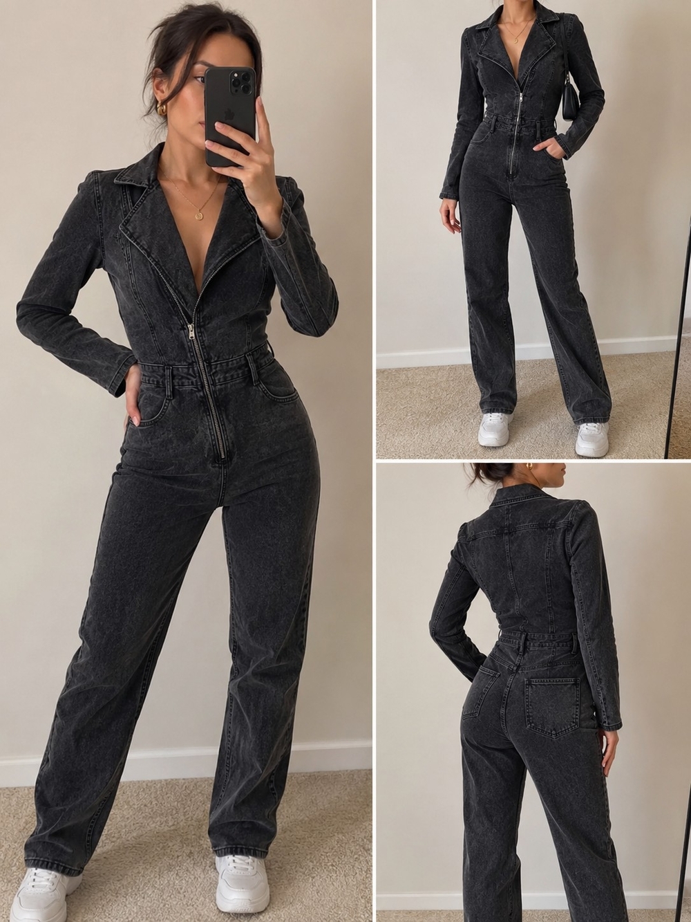Fashion Nova End Up Here Denim Jumpsuit Black Acid Wash Moto Zip Front